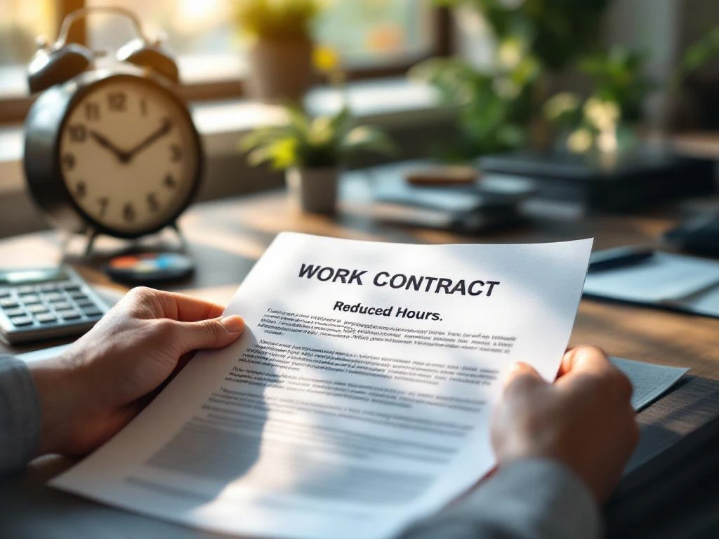 Handen houden arbeidscontract met gemarkeerde tekst over gereduceerde uren op modern bureau met rekenmachine en pen