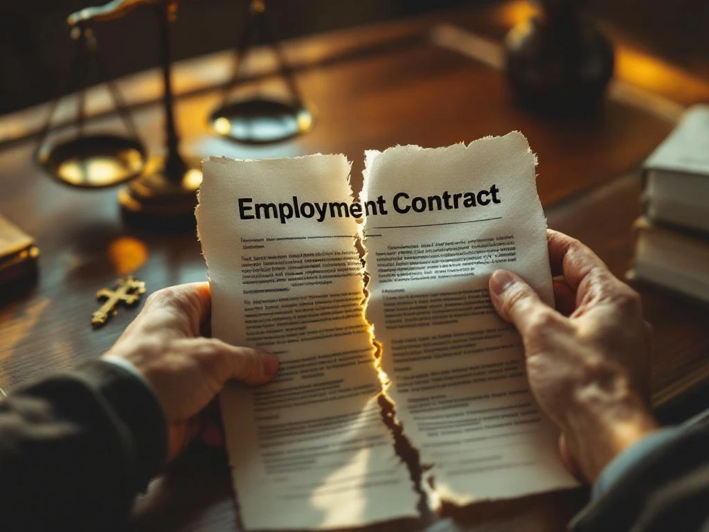 Verweerde handen houden gescheurd arbeidscontract vast op mahonie bureau met weegschaal op achtergrond