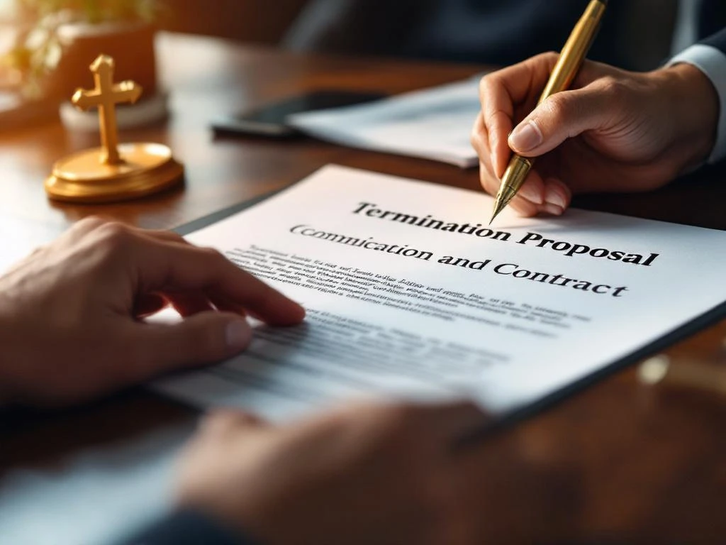 Handen bekijken ontslagvoorstel document op houten bureau met gouden pen en christelijk symbool presse-papier