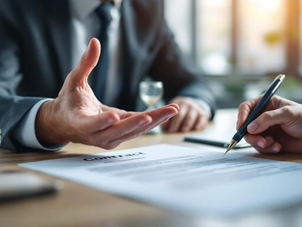 Professionele handen in overwegende houding bij ongetekend contract, pen zwevend, kantooromgeving op achtergrond