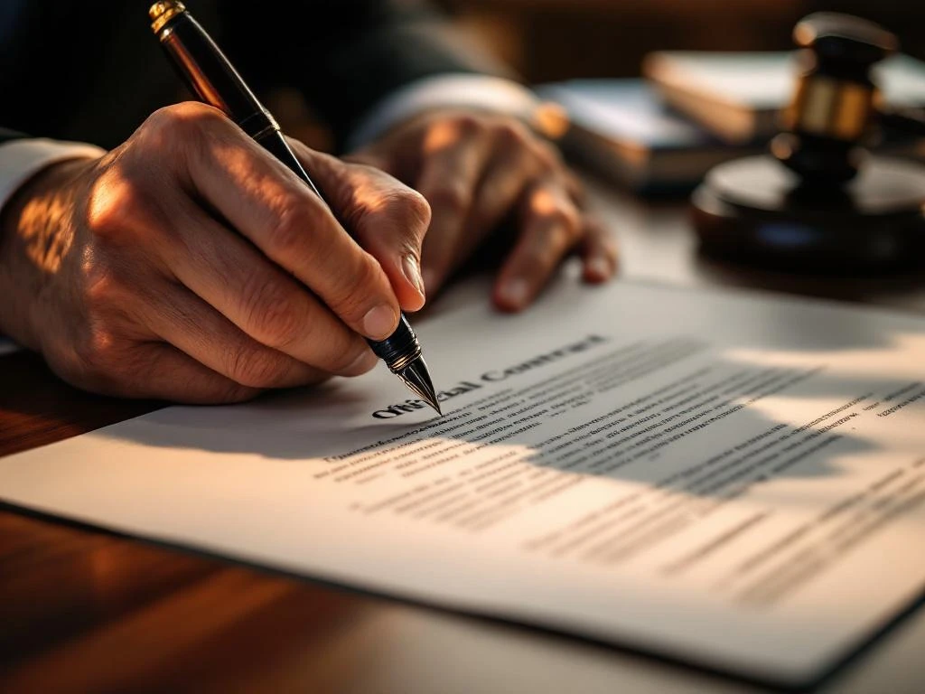 Gespannen handen tekenen juridisch contract met vulpen op donkere houten bureau, hamer en wetboeken op achtergrond