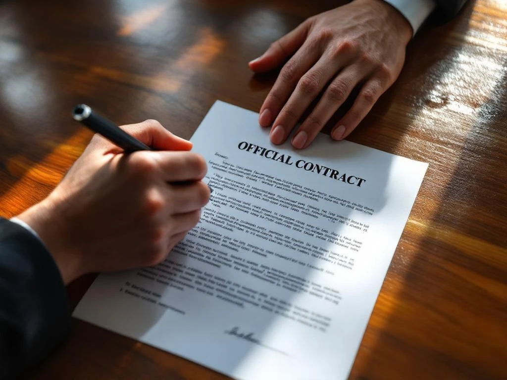 Handen aarzelen boven contract met pen, dramatische belichting op houten bureau toont beslissingsmoment