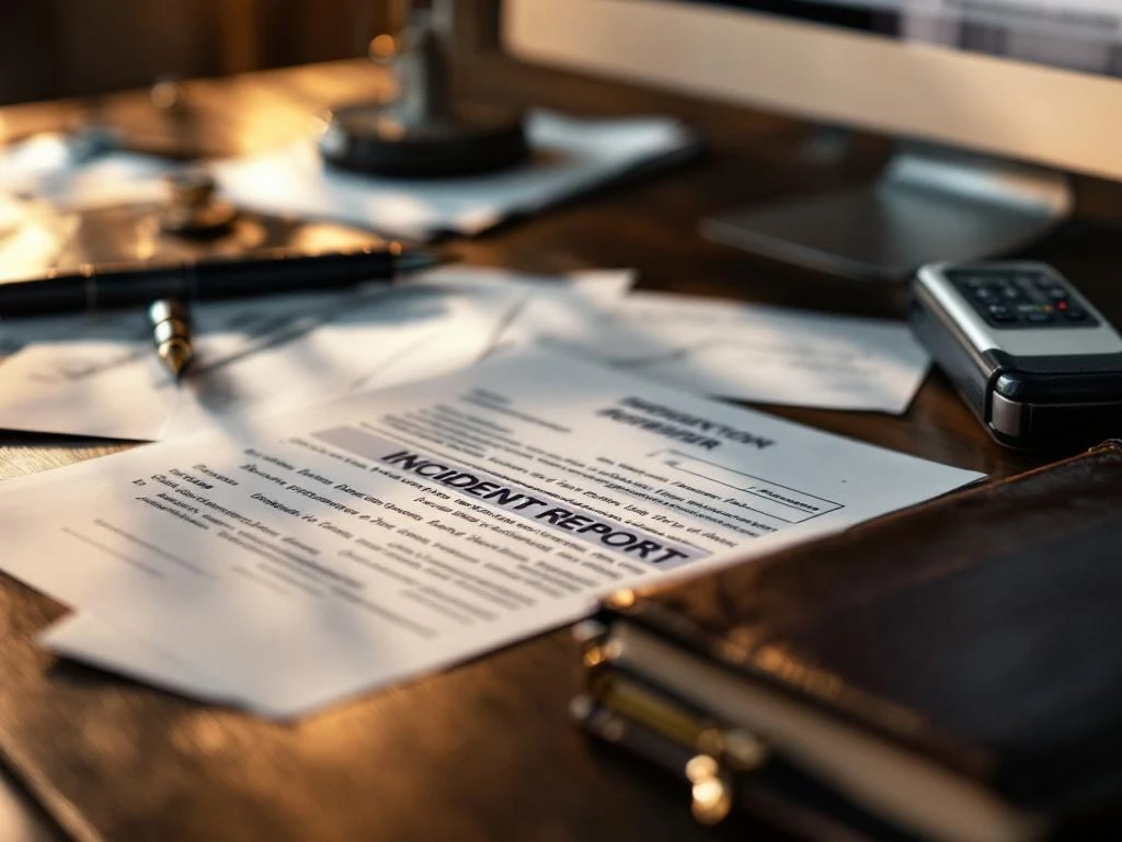 Houten bureau met juridische documenten, vulpen op incidentrapport, digitale recorder en handgeschreven notities