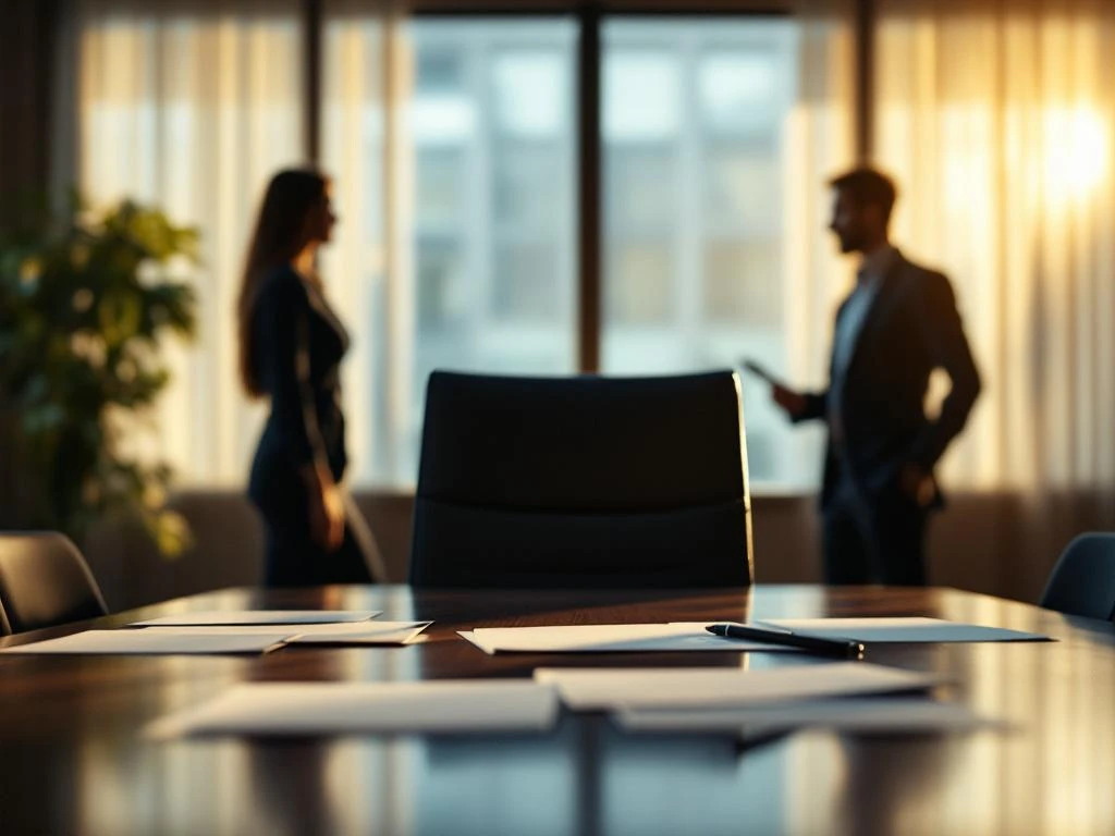 Lege stoel aan vergadertafel met documenten, twee personen in gesprek op achtergrond bij raam, warme kantoorverlichting