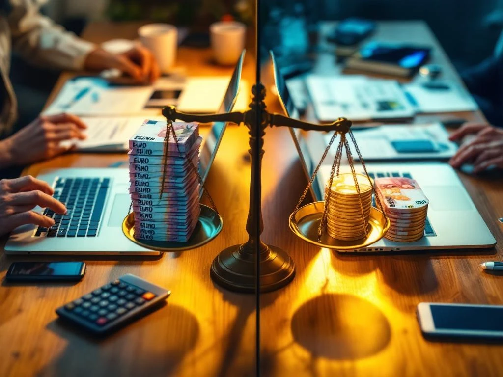 Twee identieke kantoorbureau met laptops en koffie, één met grote stapel eurobiljetten, ander met kleine stapel geld