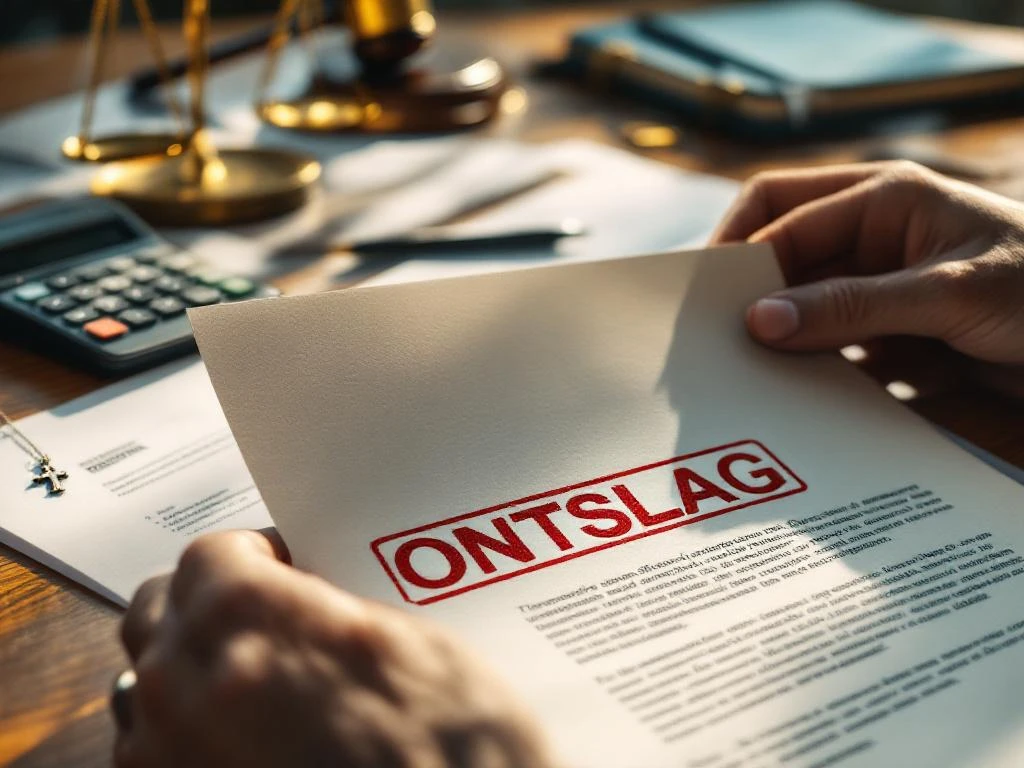 Handen houden ontslagbrief met rode "ONTSLAG" stempel op houten bureau, juridische documenten en rekenmachine zichtbaar
