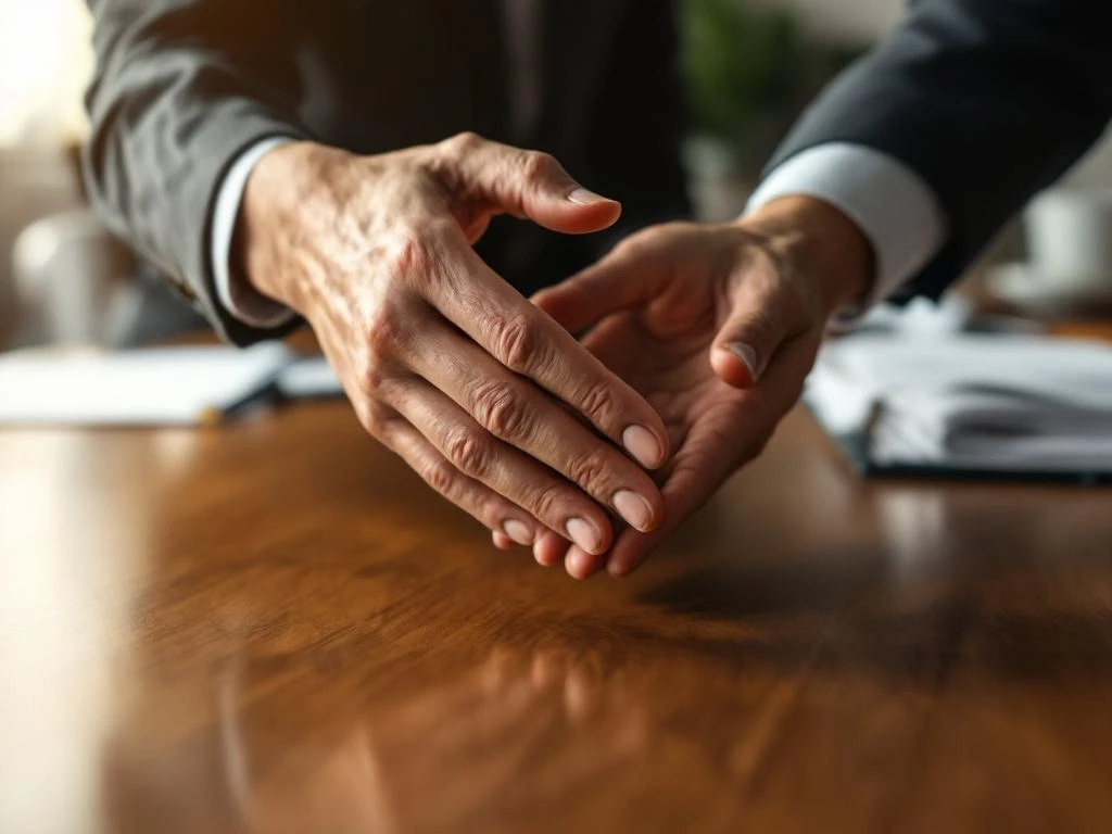 Twee professionele handen reiken naar elkaar over houten vergadertafel, hulpgebaar in kantooromgeving