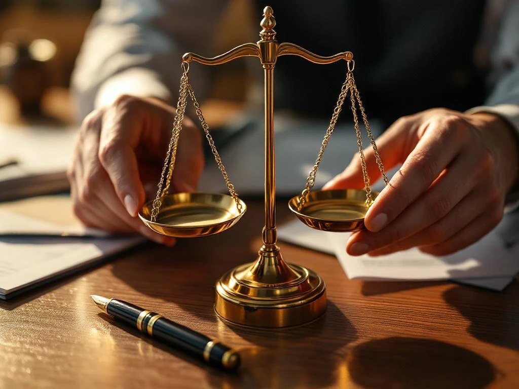 Weegschaal van justitie in professionele handen op houten bureau met juridische documenten voor arbeidsconflicten