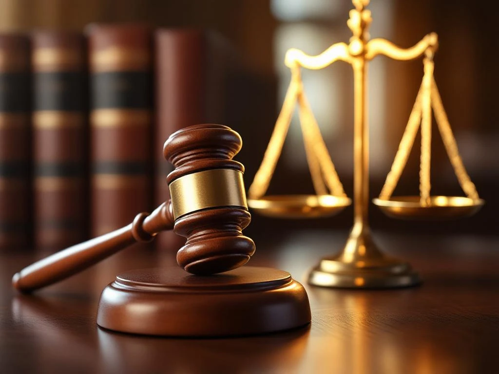 Houten rechterlijke hamer op mahoniehout bureau met weegschaal van justitie en juridische boeken op achtergrond