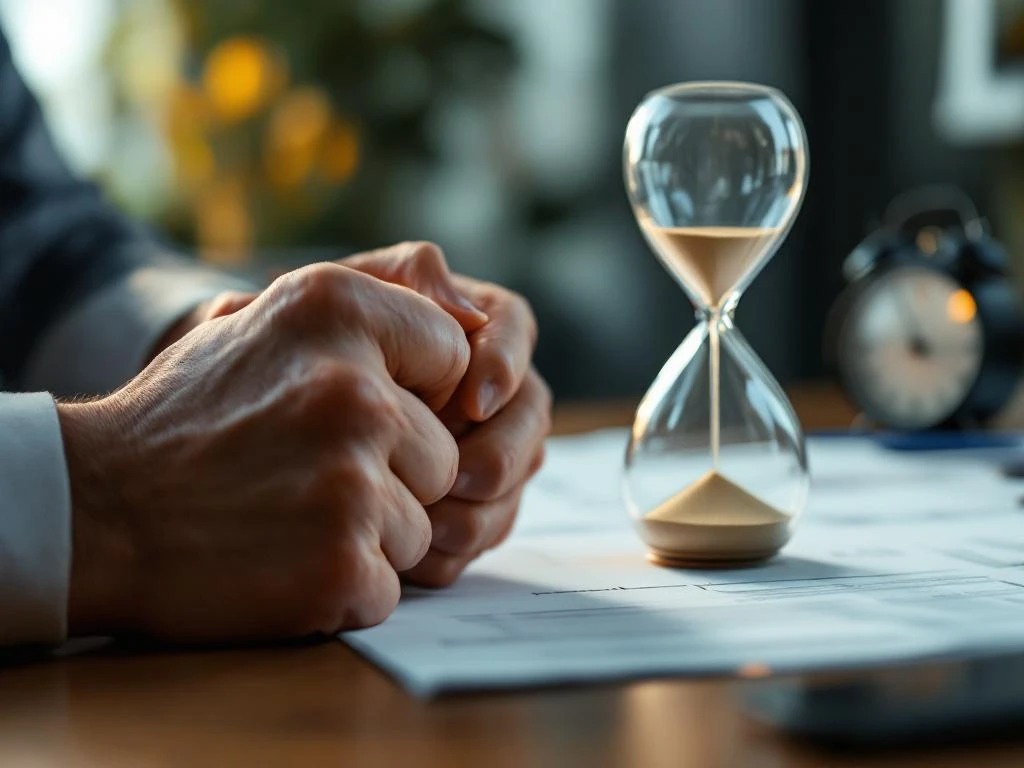 Gespannen handen grijpen bureau vast met zandloper en klok op achtergrond, symboliseert werkstress en tijdsdruk
