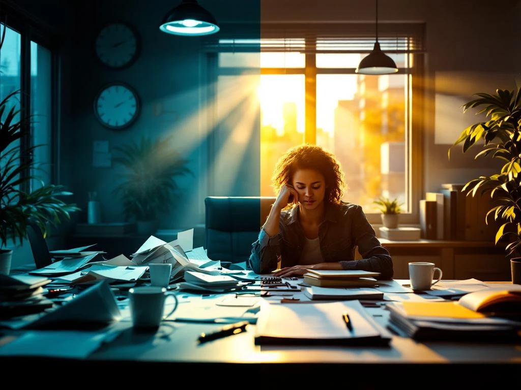 Gesplitst werkplekbeeld toont contrast tussen chaotische, rommelige kantooromgeving en georganiseerde, vredige werkruimte