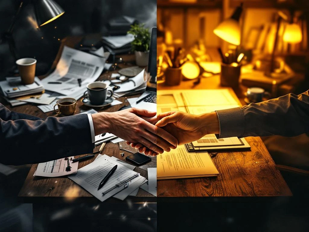 Twee handen reiken naar elkaar over een bureau dat verdeeld is tussen chaos links en georganiseerde rust rechts