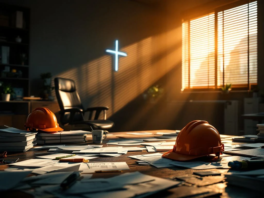 Lege kantoorwerkplek met veiligheidsuitrusting op voorgrond, dramatische belichting door jaloezieën creëert contrast