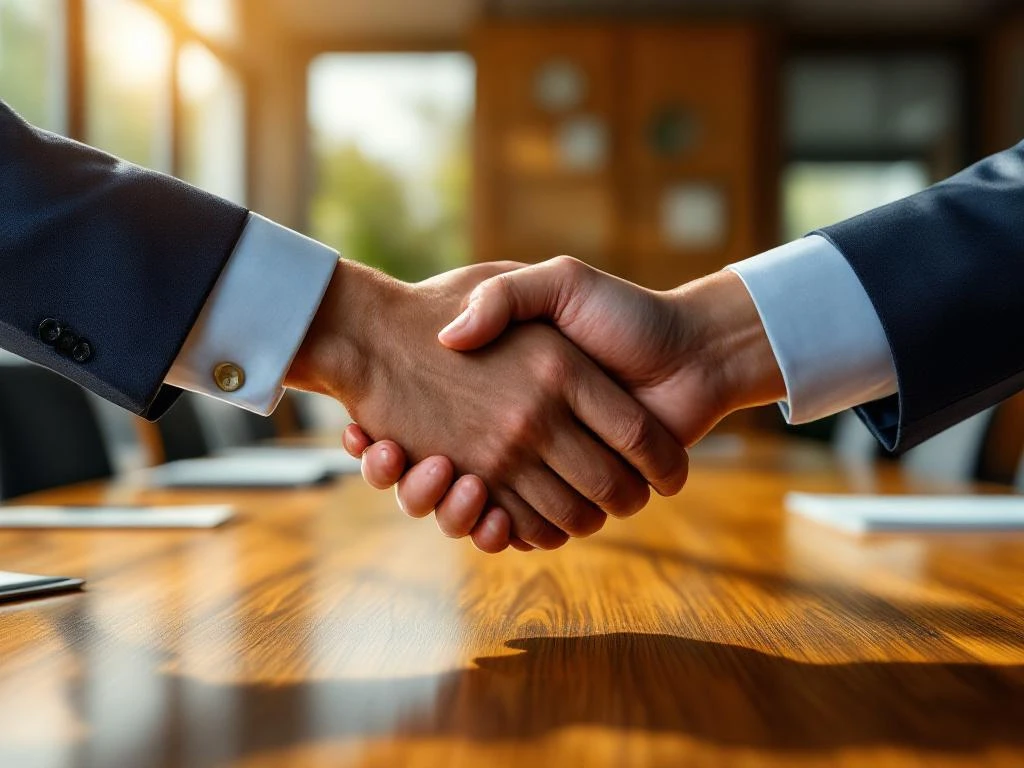 Handdruk over houten vergadertafel in kantoor met natuurlijk licht, symboliseert samenwerking en conflictoplossing