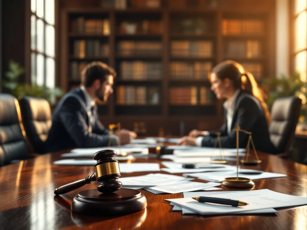 Twee zakenmensen in gespannen onderhandeling aan conferentietafel met juridische documenten en weegschaal