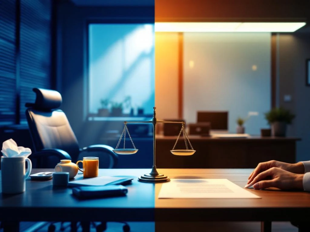 Zieke werknemer werkplek met medicijnen tegenover ontslagdocumenten op bureau, weegschaal symboliseert werknemersrechten