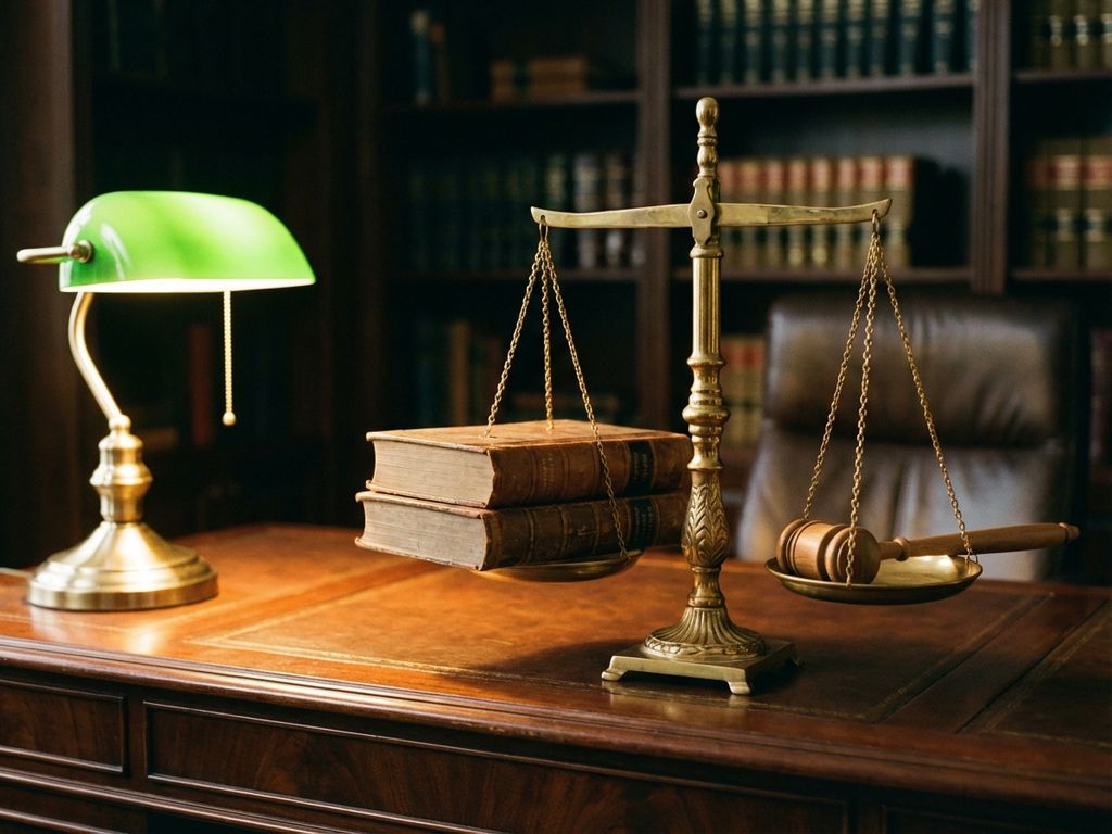 Mahonie bureau met messing weegschaal, wetboeken en houten hamer in advocatenkantoor met warme verlichting