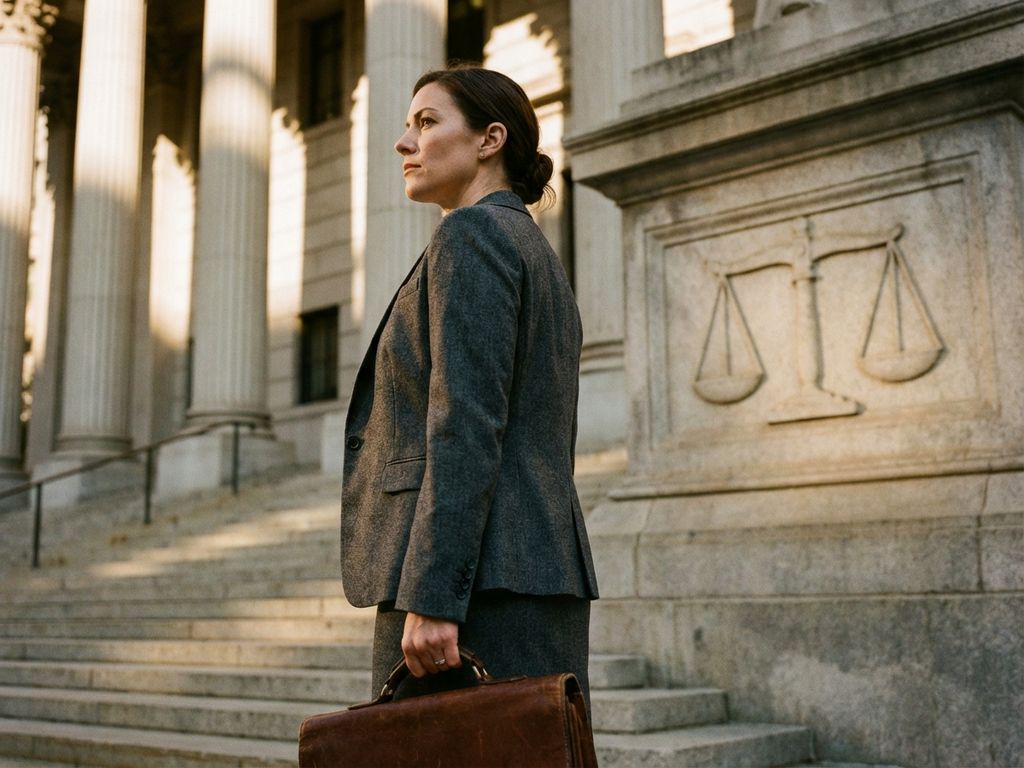 Professionele zakenvrouw in pak met aktetas staat zelfverzekerd voor gerechtsgebouw met marmeren zuilen