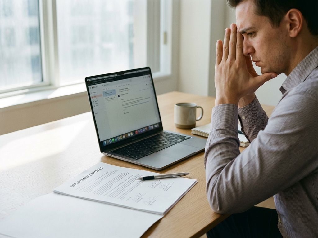 Gefrustreerde professional overweegt arbeidscontract aan bureau met laptop en e-mailcorrespondentie
