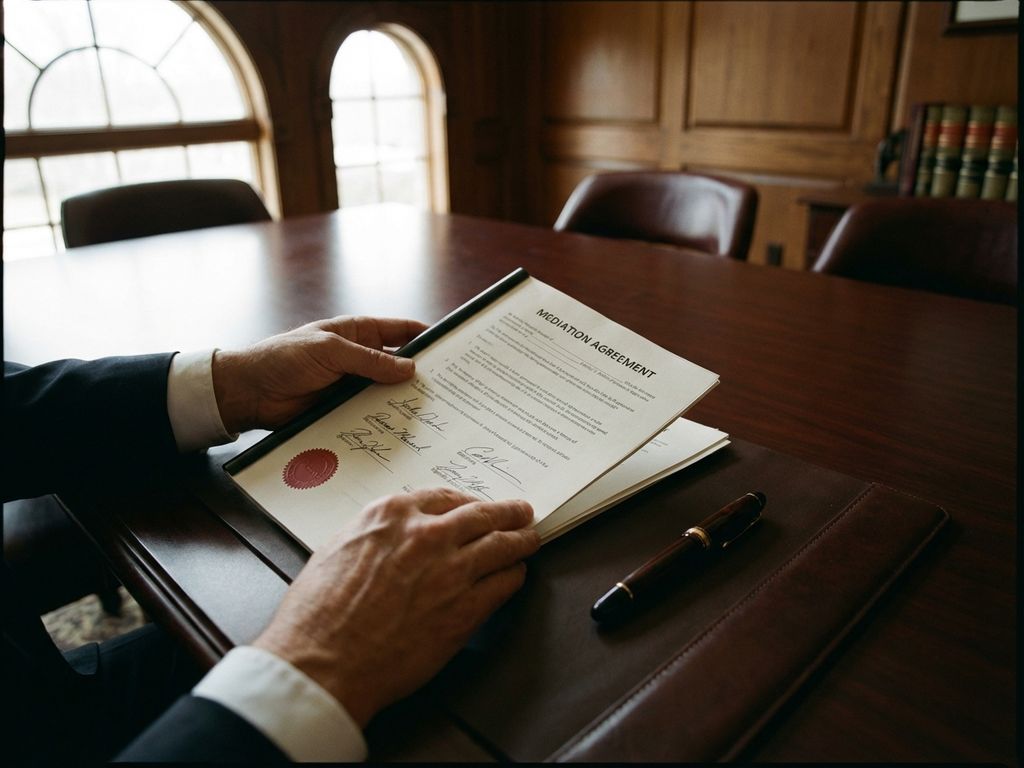 Professionele mediator plaatst ondertekend bemiddelingsovereenkomst op mahonie tafel met vulpen en officiële zegels