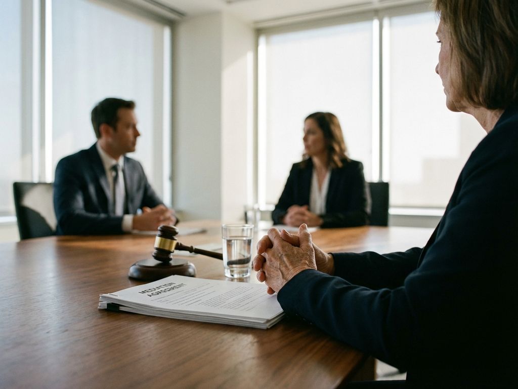 Professionele mediator zit aan conferentietafel met twee zakenmensen, juridische documenten en hamer zichtbaar