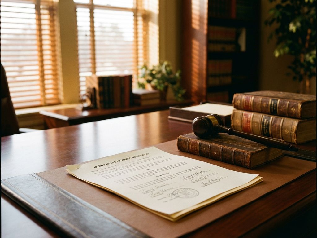 Ondertekend bemiddelingsovereenkomst op advocatentafel met hamer en juridische boeken in warm licht