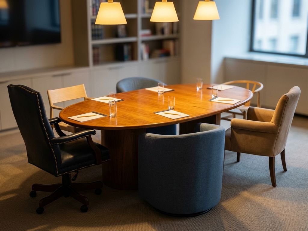 Professionele vergadertafel met vier verschillende stoelen die mediatiestijlen vertegenwoordigen in warme conferentieruimte