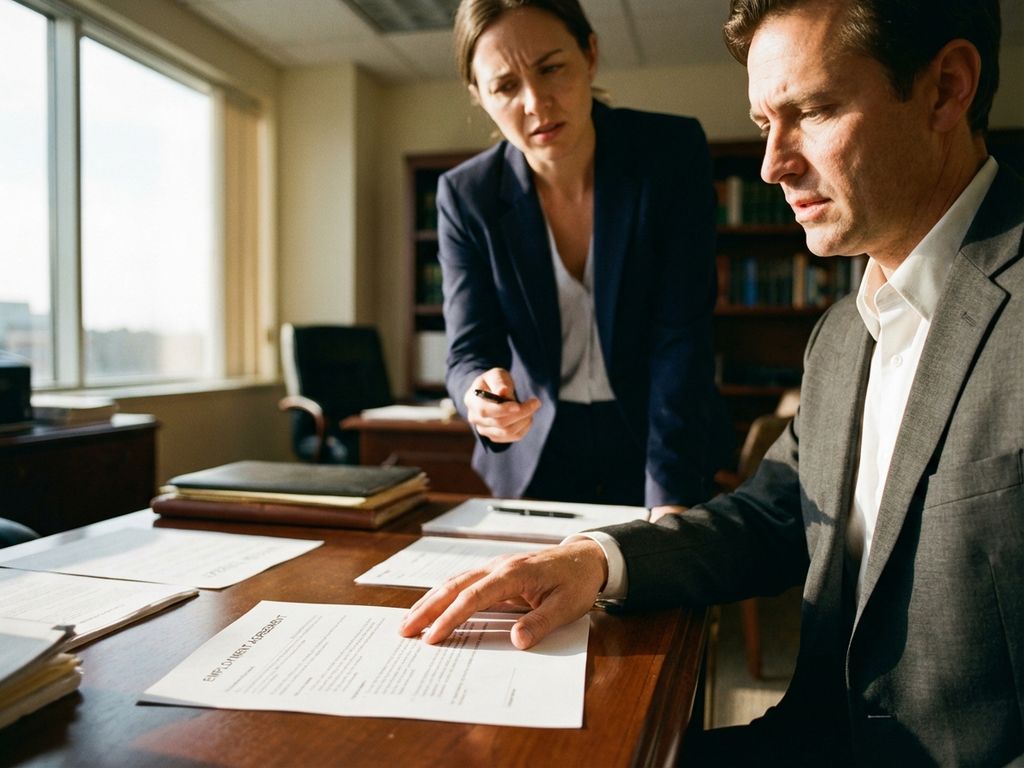 Kantoormedewerker overweegt het ondertekenen van contract terwijl werkgever toekijkt in modern kantoor