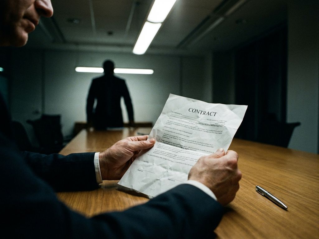 Zakenvrouw met trillende handen houdt ongetekend contract vast, supervisor op achtergrond in kantoor