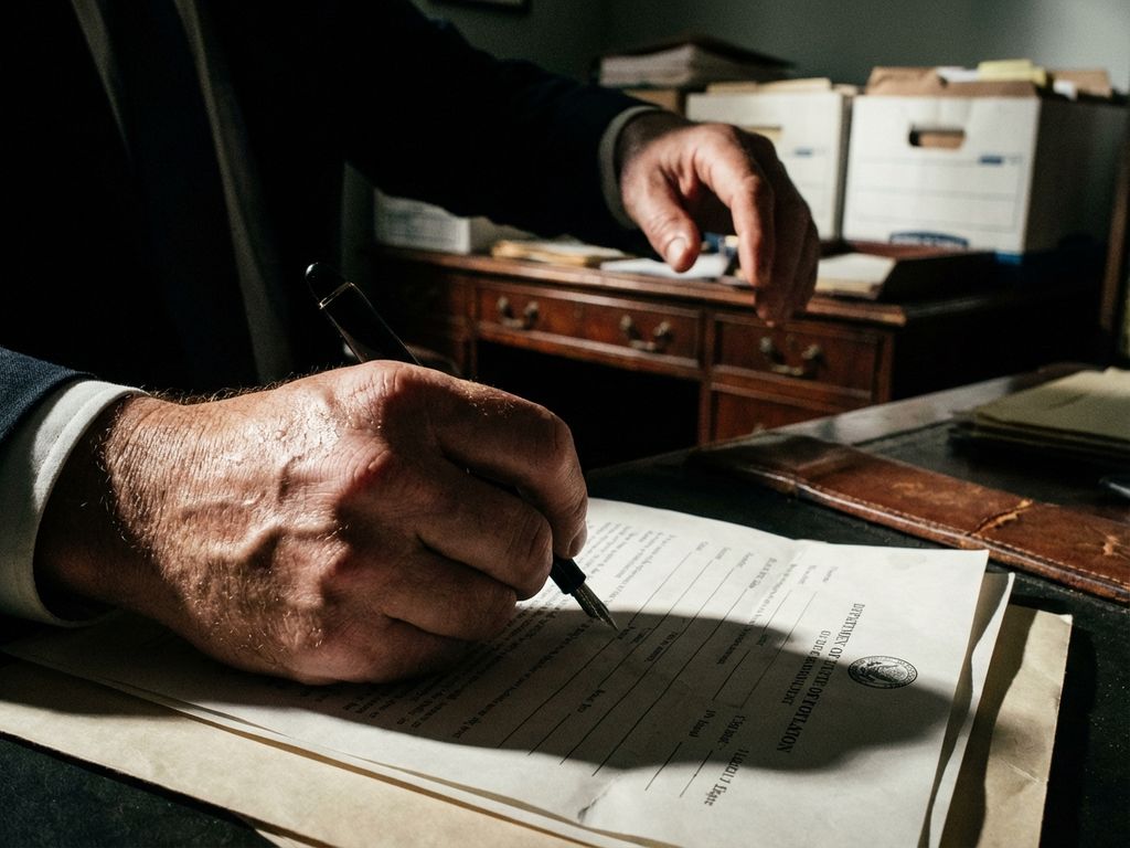 Trillende hand tekent officieel document op mahonie bureau terwijl andere persoon in pak toekijkt