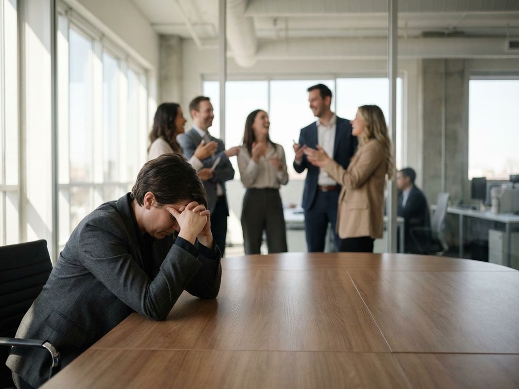 Eenzame professional zit alleen aan lege vergadertafel terwijl collega's op achtergrond discussiëren in modern kantoor