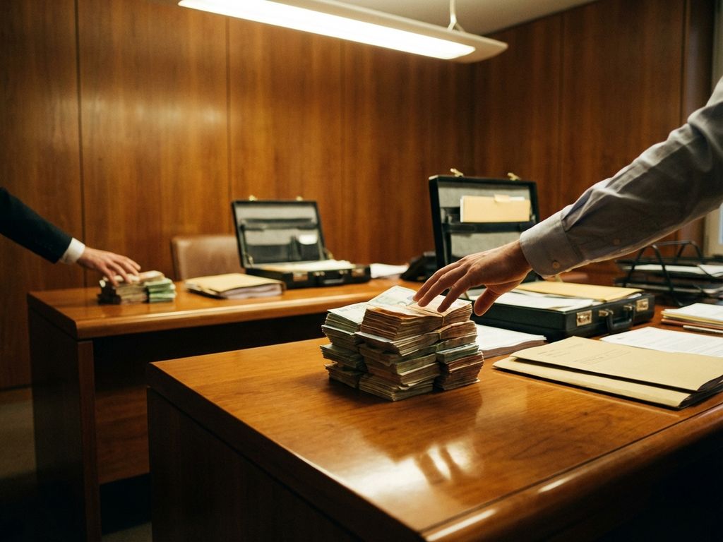 Twee bureaus met verschillende stapels eurobankbiljetten, handen reiken naar geld in professionele kantooromgeving