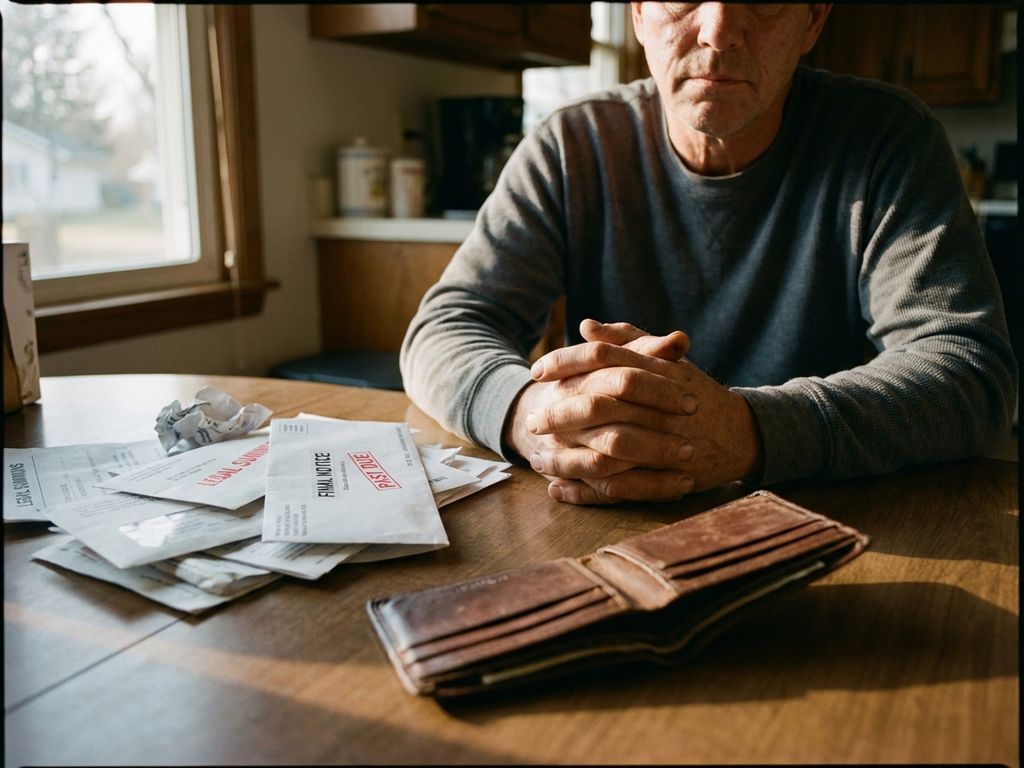 Persoon zit aan keukentafel met lege portemonnee en onbetaalde rekeningen, handen gevouwen in overdenking