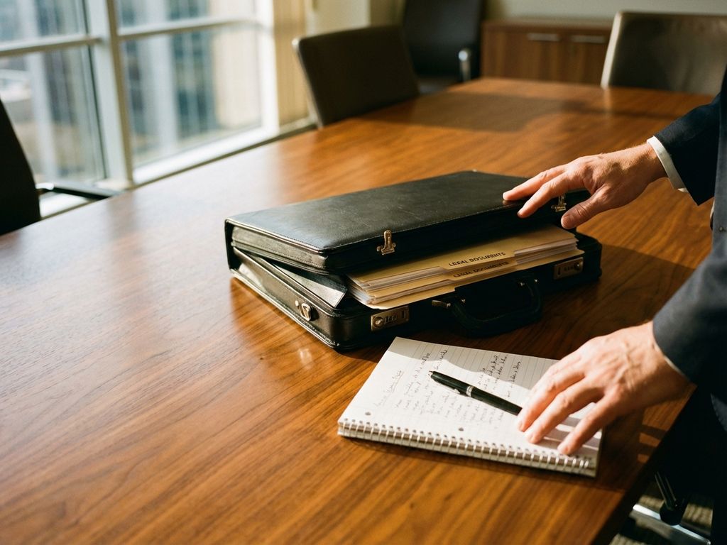 Professionele houten vergadertafel met open aktetas vol juridische documenten en mediator notitieboek bij raam