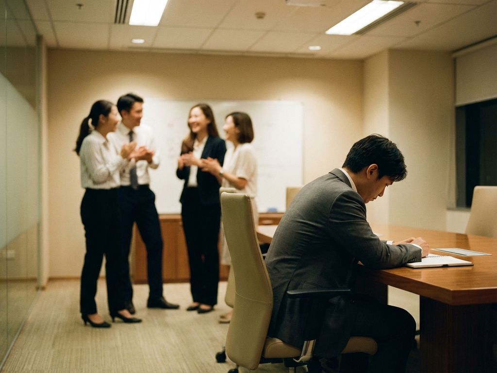 Geïsoleerde kantoorwerker zit alleen aan vergadertafel terwijl collega's op achtergrond in groep discussiëren