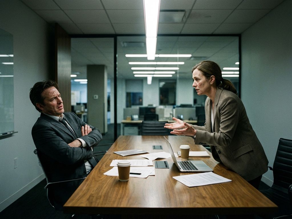 Twee collega's in gespannen zakelijke vergadering aan conferentietafel, een met gekruiste armen, ander gebarend