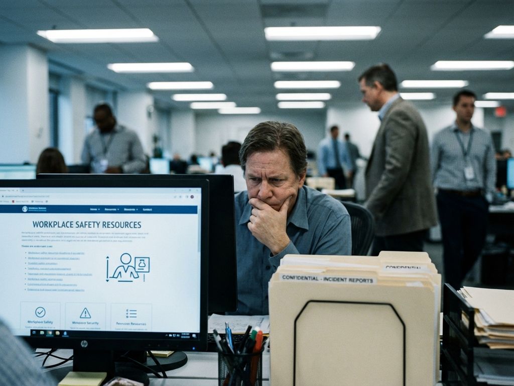 Bezorgde kantoormedewerker aan bureau met veiligheidsdocumenten en computerscherm met werkplekbronnen zichtbaar