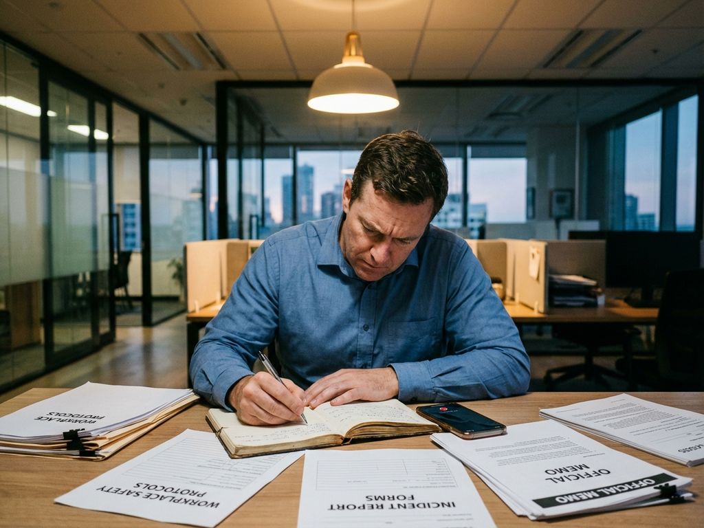 Kantoormedewerker maakt aantekeningen over werkpleiligheid aan bureau met smartphone en documenten