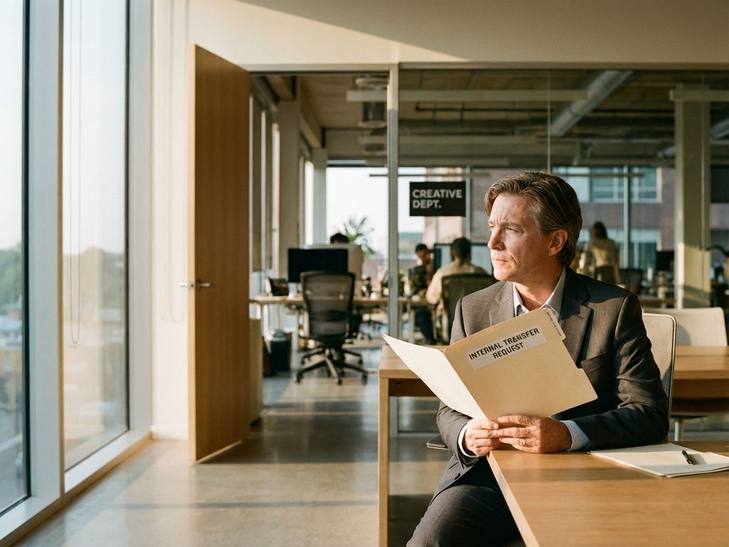 Kantoormedewerker met overplaatsingsdocument kijkt nadenkend naar open deur, overweegt carrièretransitie in modern bedrijf