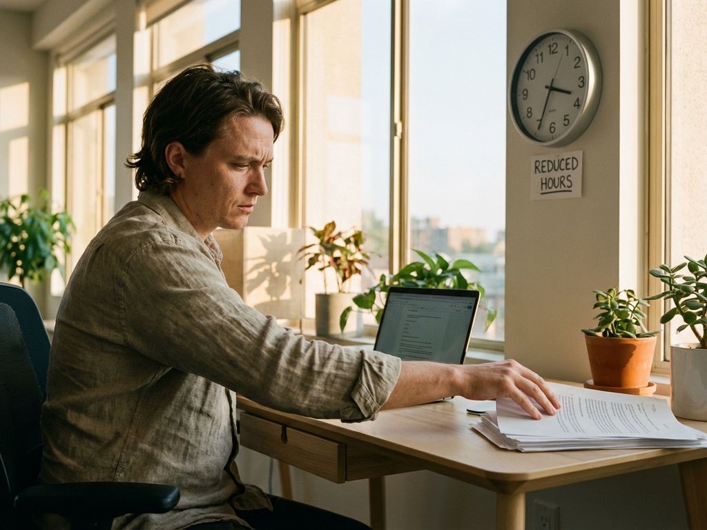 Bezorgde kantoormedewerker duwt documenten weg terwijl hij naar klok met kortere uren kijkt in zonnig kantoor