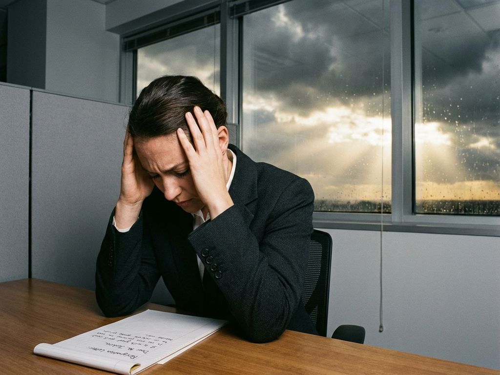 Kantoormedewerker overweegt ontslag met hoofd in handen, ontslagbrief op bureau, stormachtige lucht klaart op buiten raam