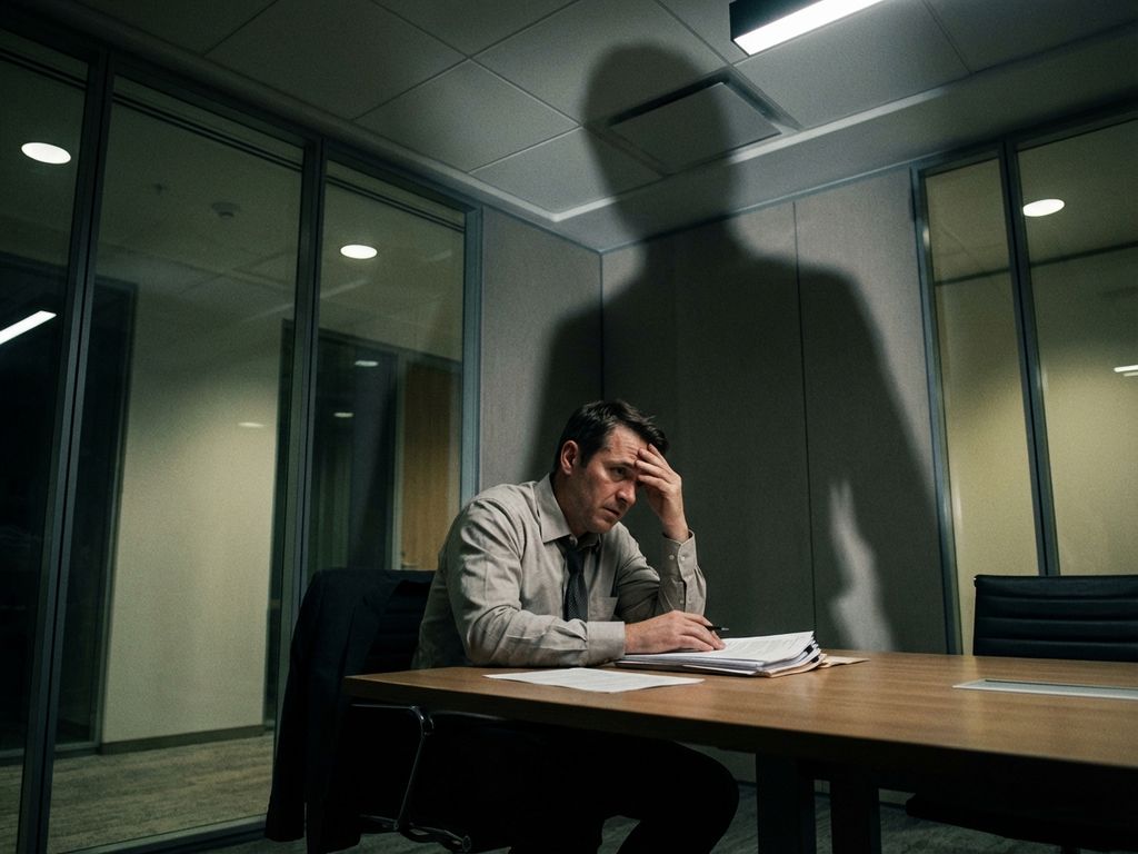 Kantoormedewerker met bezorgde uitdrukking zit gebogen over papierwerk terwijl grote schaduw over hem heen valt