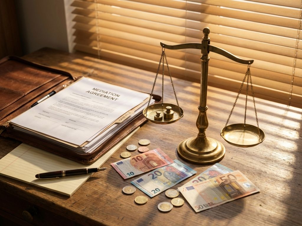 Professionele mediator bureau met messing weegschaal, euro bankbiljetten, juridische documenten en vulpen in warm zonlicht