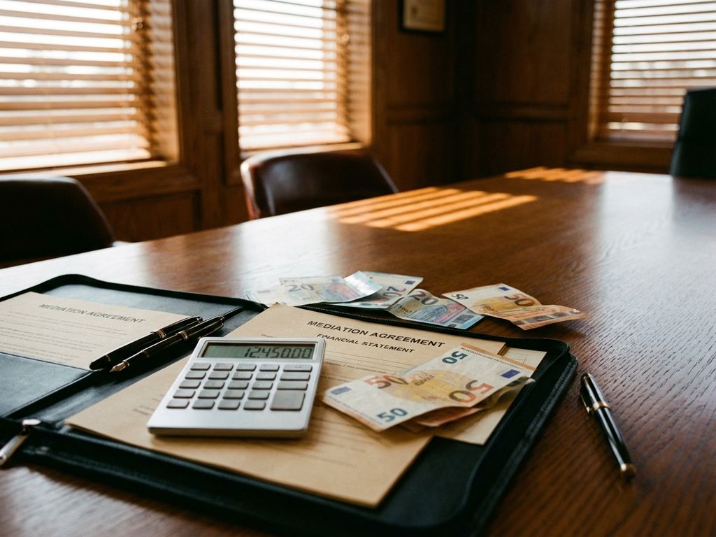 Calculator en eurobankbiljetten op houten vergadertafel met mediationdocumenten en vulpennen in professionele kantooromgeving