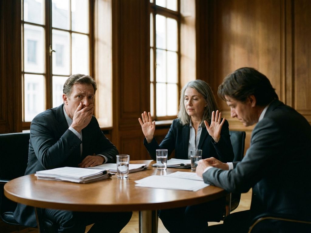Mediator met opgeheven handen tussen twee deelnemers aan houten vergadertafel tijdens gespannen onderhandelingssessie