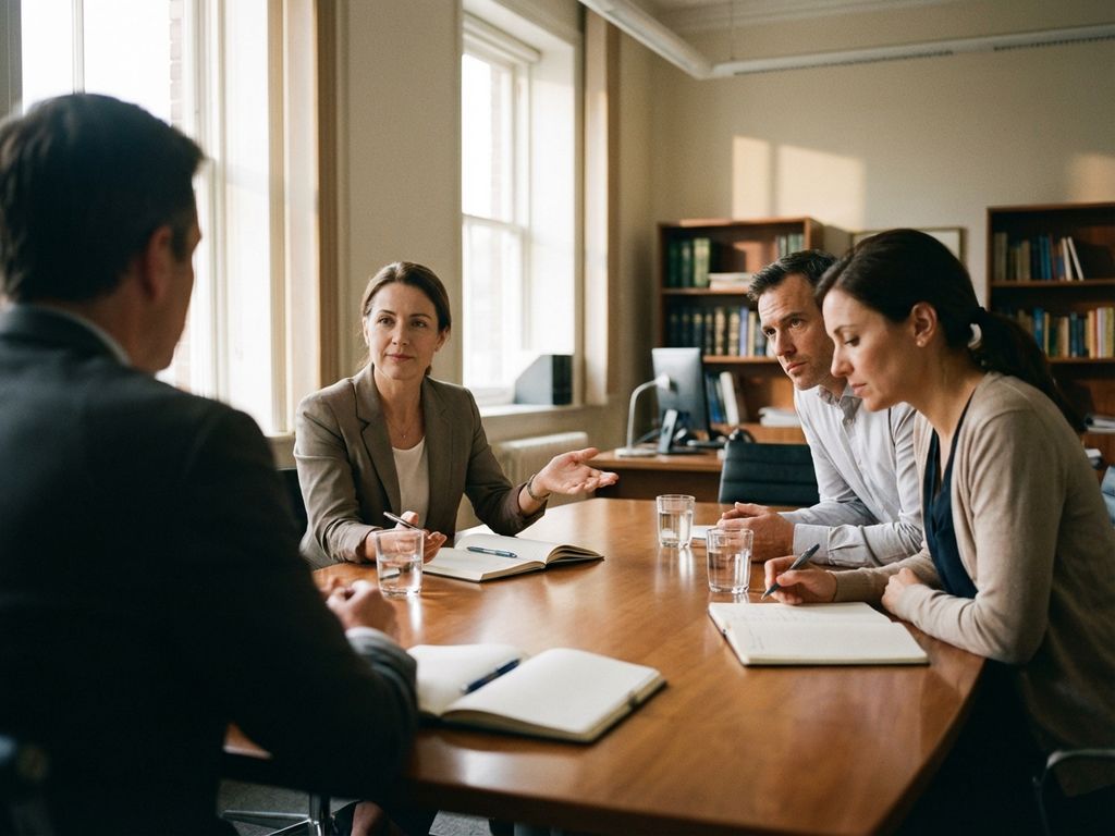 Mediator leidt professioneel bemiddelingsgesprek met twee deelnemers rond houten conferentietafel in kantoor