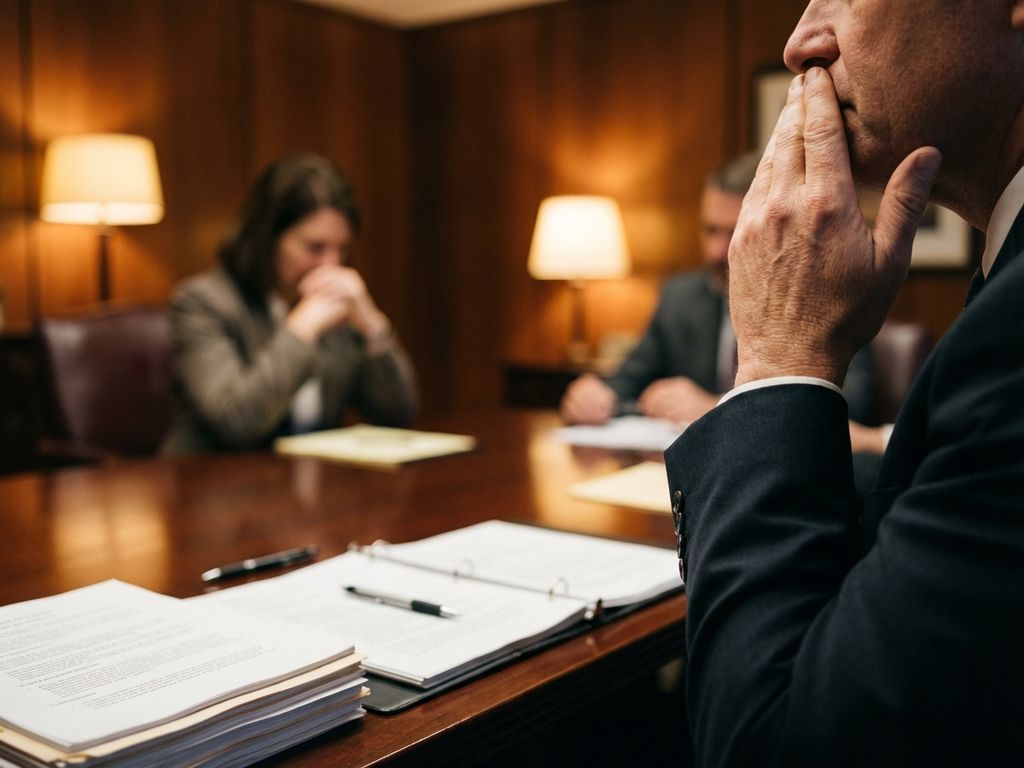 Zakenvrouw houdt hand voor mond tijdens gespannen bemiddelingsgesprek aan conferentietafel met juridische documenten