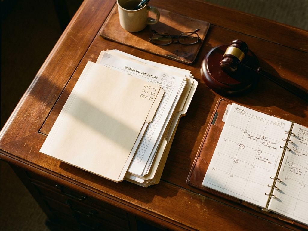 Mediator bureau van bovenaf met dossiers, sessieformulieren, houten hamer en open agenda met afspraken op mahonie tafel