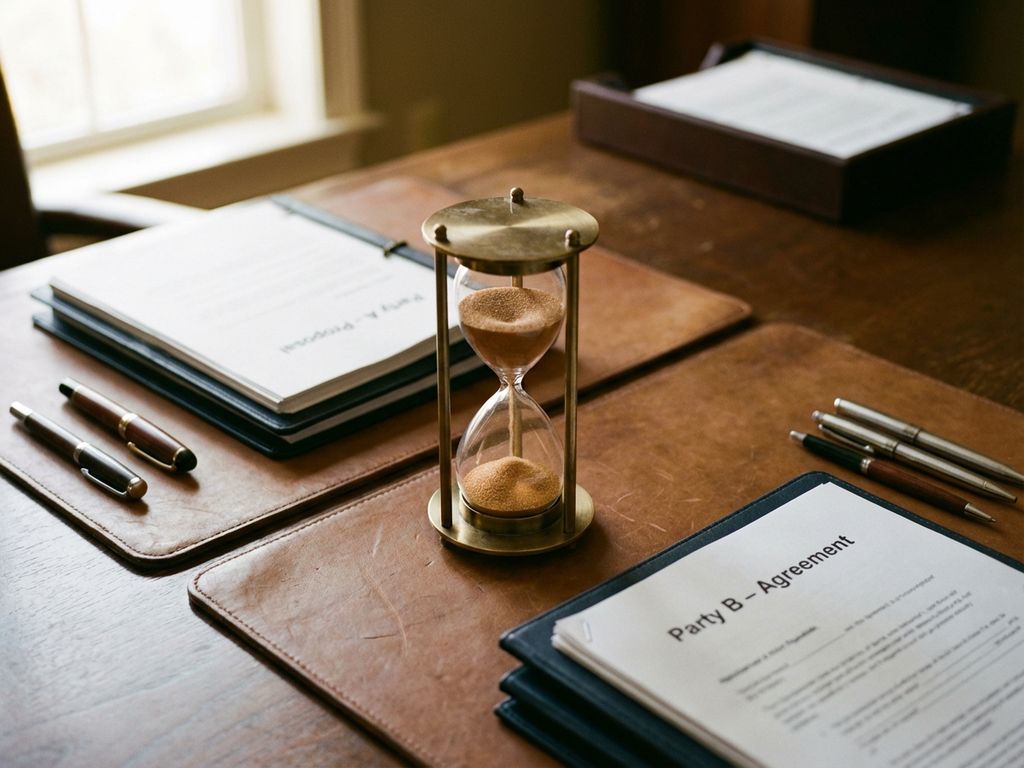 Zandloper op mediator bureau met documenten en pennen voor beide partijen, natuurlijk licht door raam