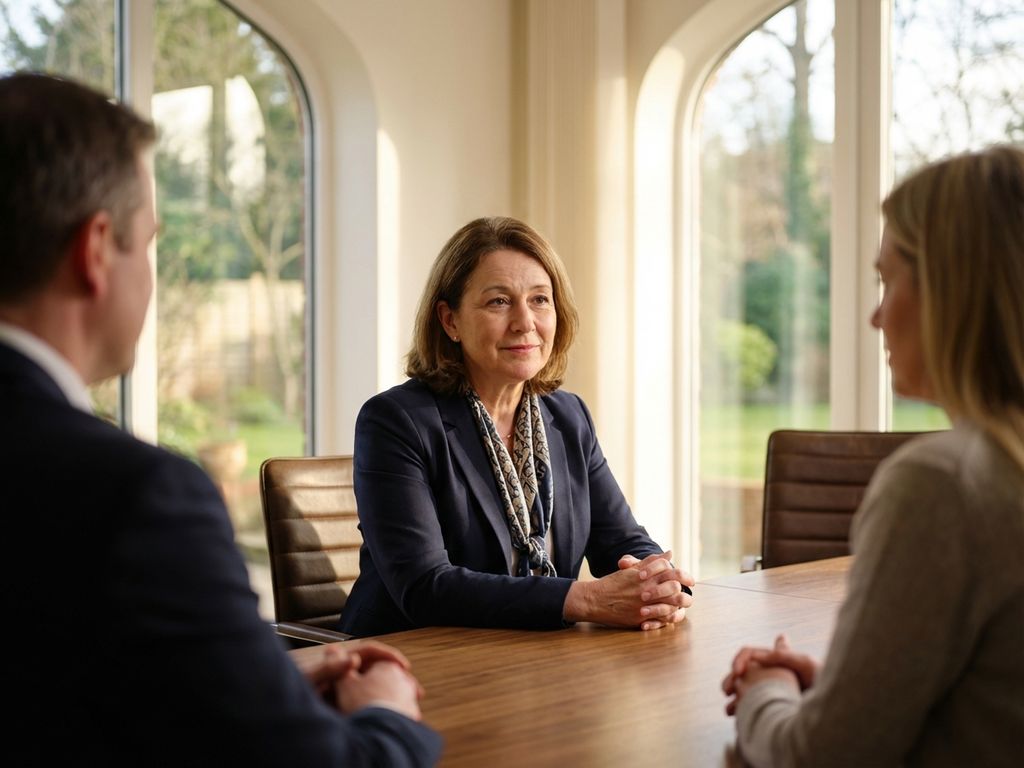 Professionele mediator zit kalm aan conferentietafel tussen twee conflicterende partijen in lichte kantoorruimte